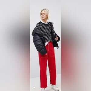 Whistles Limited Contrast Stitch Pants Jeans Zip Front Snap Hem Red Size 24 NWOT